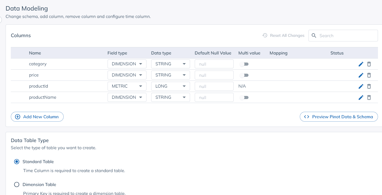 Use the Data Modeling screen to modify column names and types and add derived columns and transformations