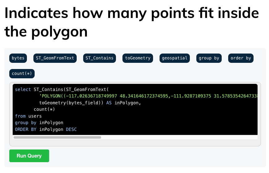 Apache Pinot Playground indicates how many points fit inside the polygon Apache Pinot Playground indicates how many points fit inside the polygon